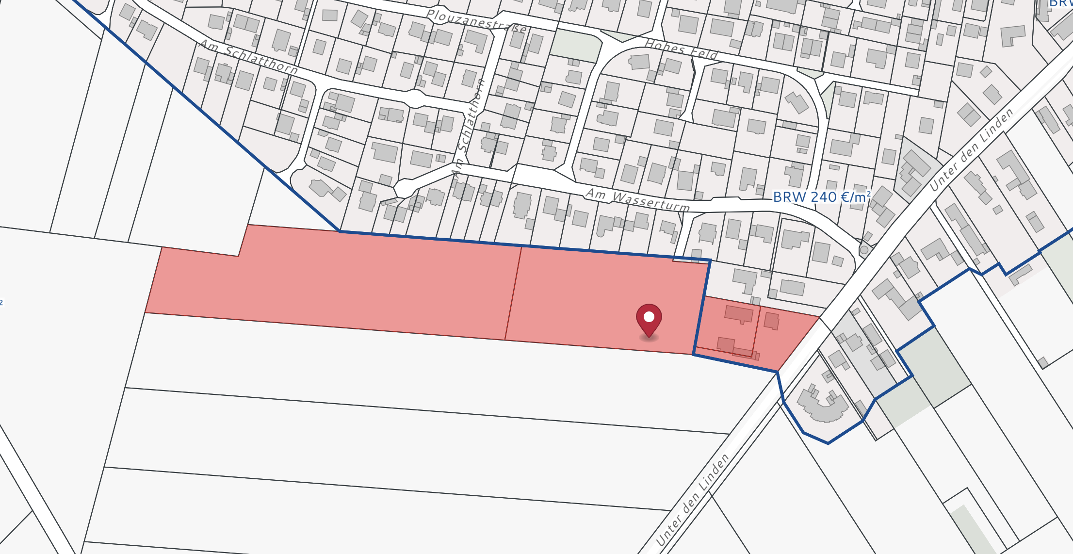 Flurkarte mit rot markiertem Gesamtareal: Ackerfläche und die beiden bebauten Grundstücke Unter den Linden 53 und 55, mit Bodenrichtwerten 88 €/m² und 240 €/m²