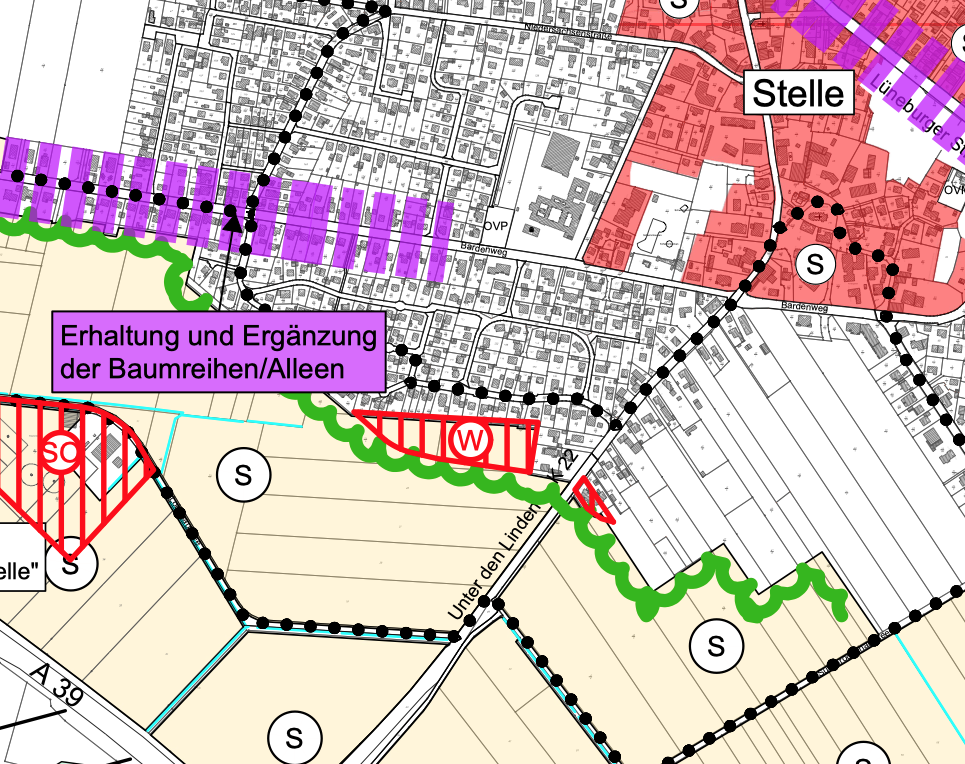 Ausschnitt aus dem Landschaftsplan-Vorentwurf: die Fläche W am Ortsrand von Stelle, mit Baumreihen-Schutzstreifen und Ortslage Stelle im Hintergrund