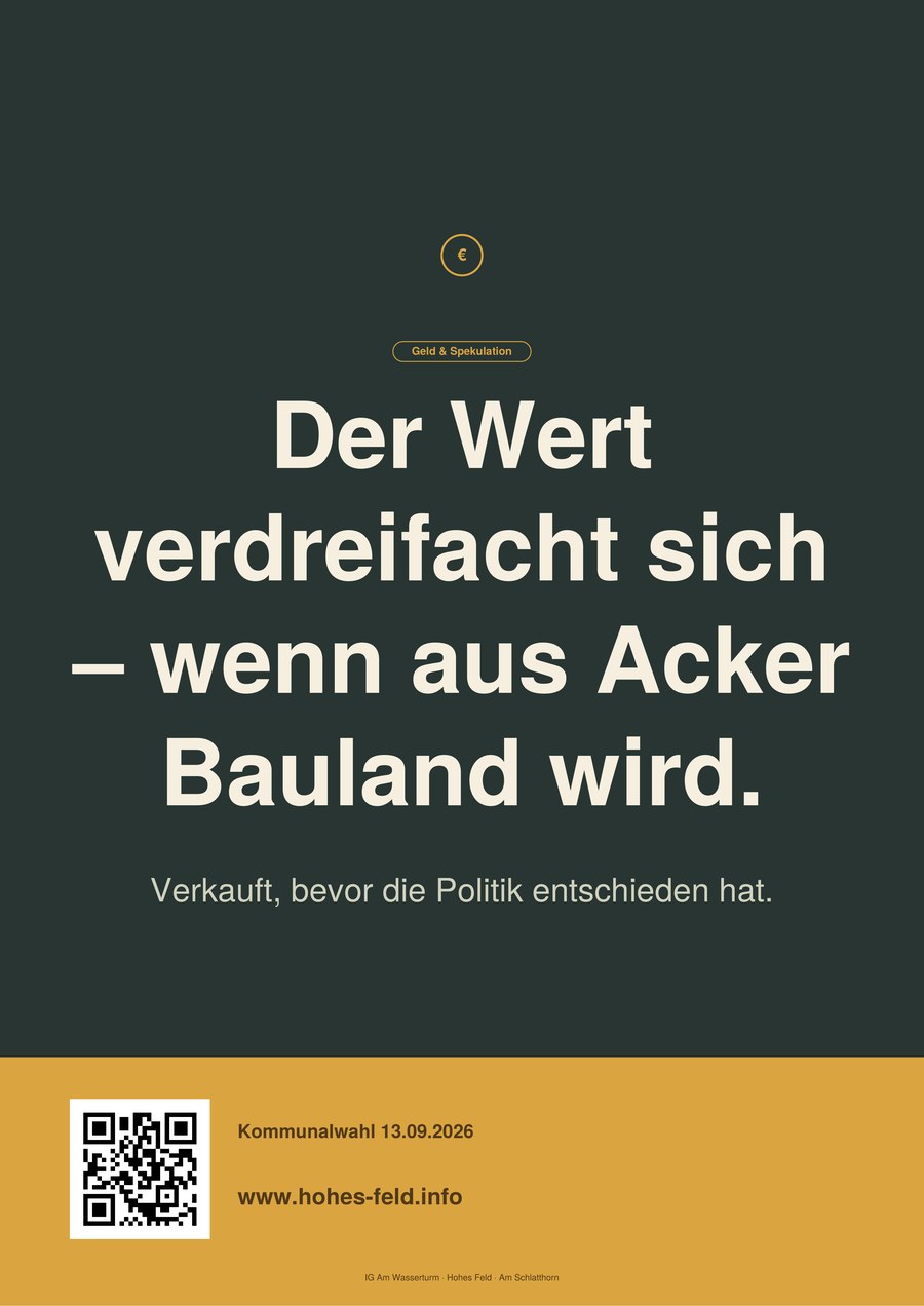 Plakat: Der Wert verdreifacht sich, wenn aus Acker Bauland wird. Verkauft, bevor die Politik entschieden hat.