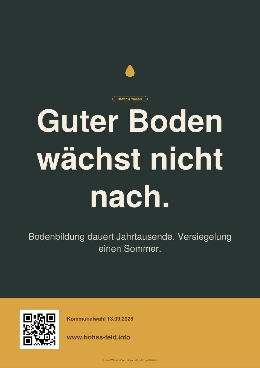 Plakat: Guter Boden wächst nicht nach. Bodenbildung dauert Jahrtausende, Versiegelung einen Sommer.